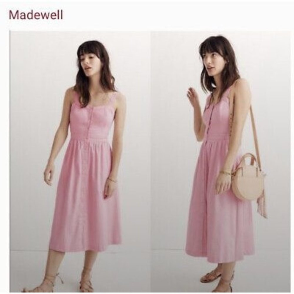 Madewell Pink Fleur Bow-Back Midi Apron Dress Sundress Button Hip Pockets, 2 - Picture 1 of 11